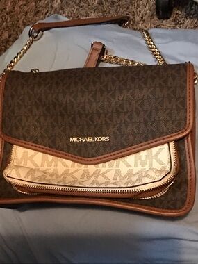 Michael Kors Brown and Cream MK Logo Chain Crossbody